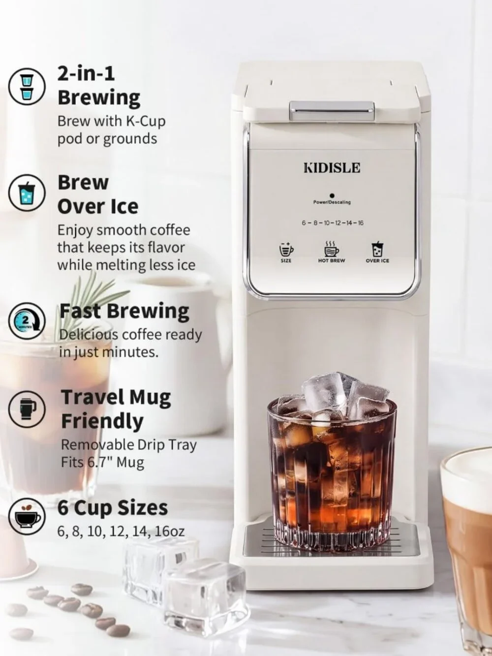 Single Serve Coffee Maker for K Cups & Ground Coffee, Hot & Iced Brew, White